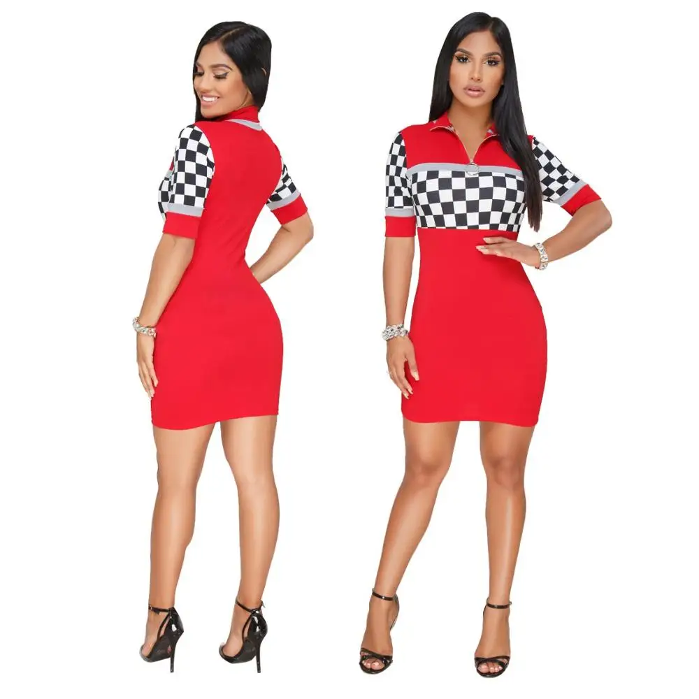 Fashion Plaid Moto dress plus size Cool women clothing summer Sexy Sheath dresses | Женская одежда