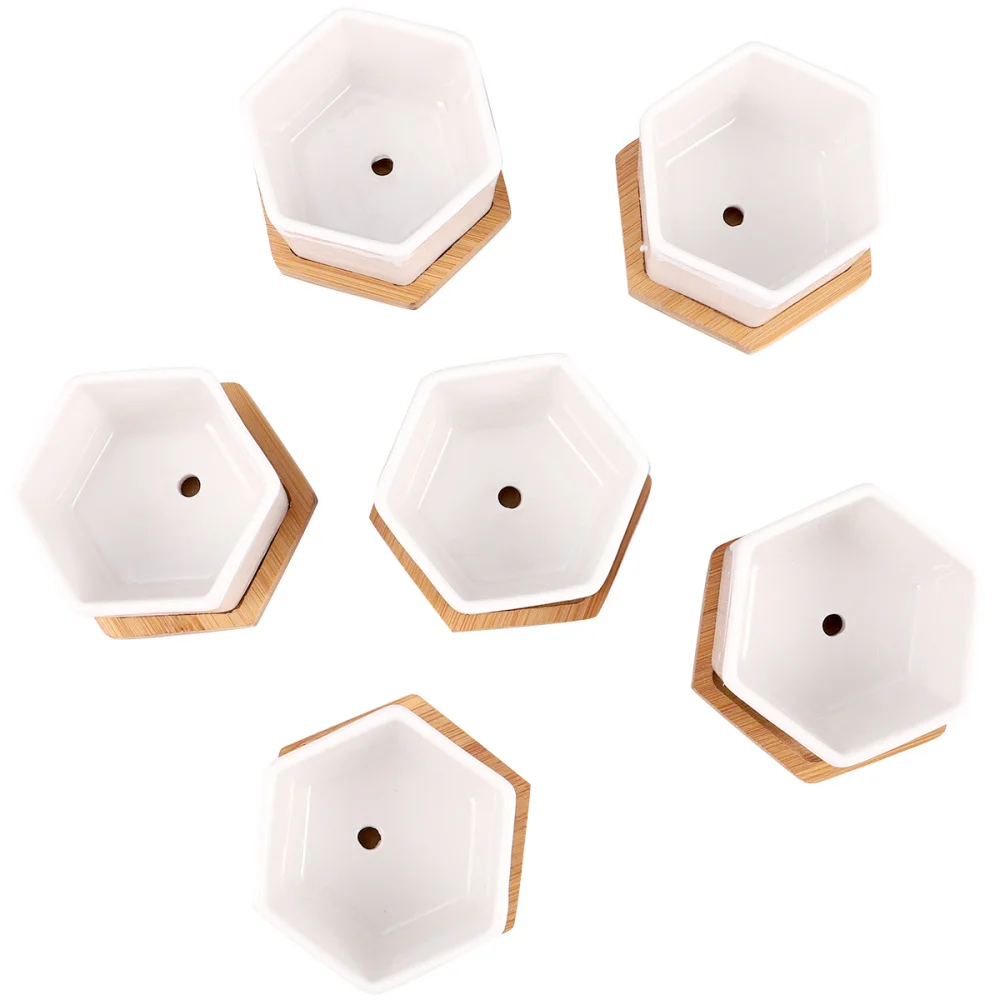 

12Pcs in 1 Set Succulent Plant Pots Mini Succulent Planter Ceramic Flower Planter Pot with Bamboo Trays (6 Pots and 6 Trays)
