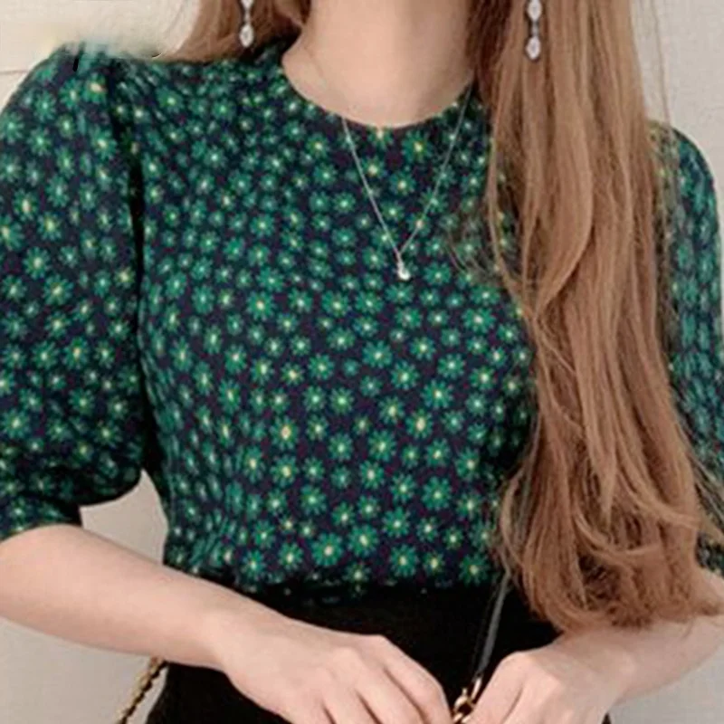 

2021 Summer Floral print Blouse Women O Neck Puff Long Sleeve Pullover Vintage Loose Blusas Elegant Office Lady Shirt Femme