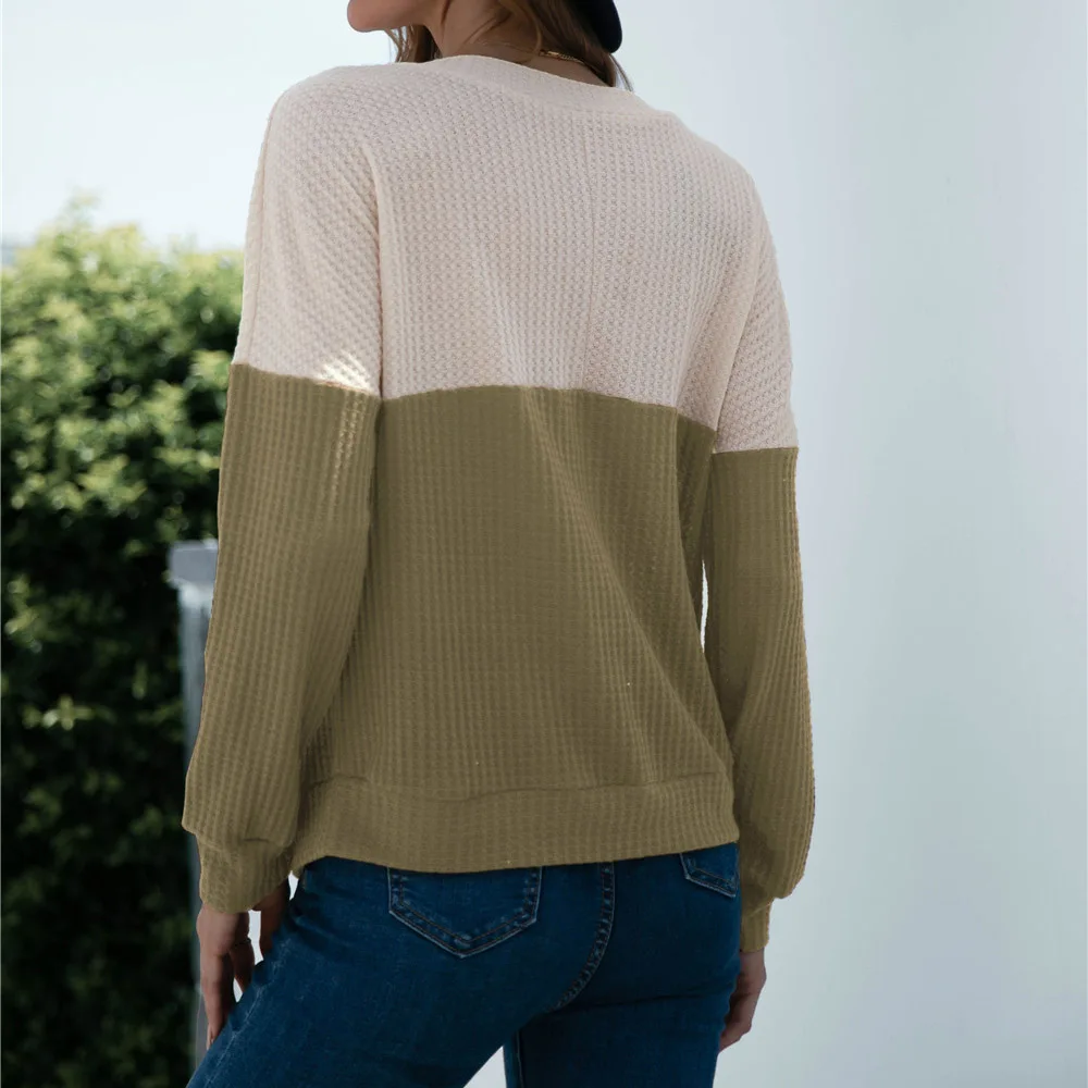 

V Neck Knit Pullover Women Autumn Winter Contrast Color Fashion Casual Long Sleeve Tops Tee 2021 New Arrivals Dropshipping
