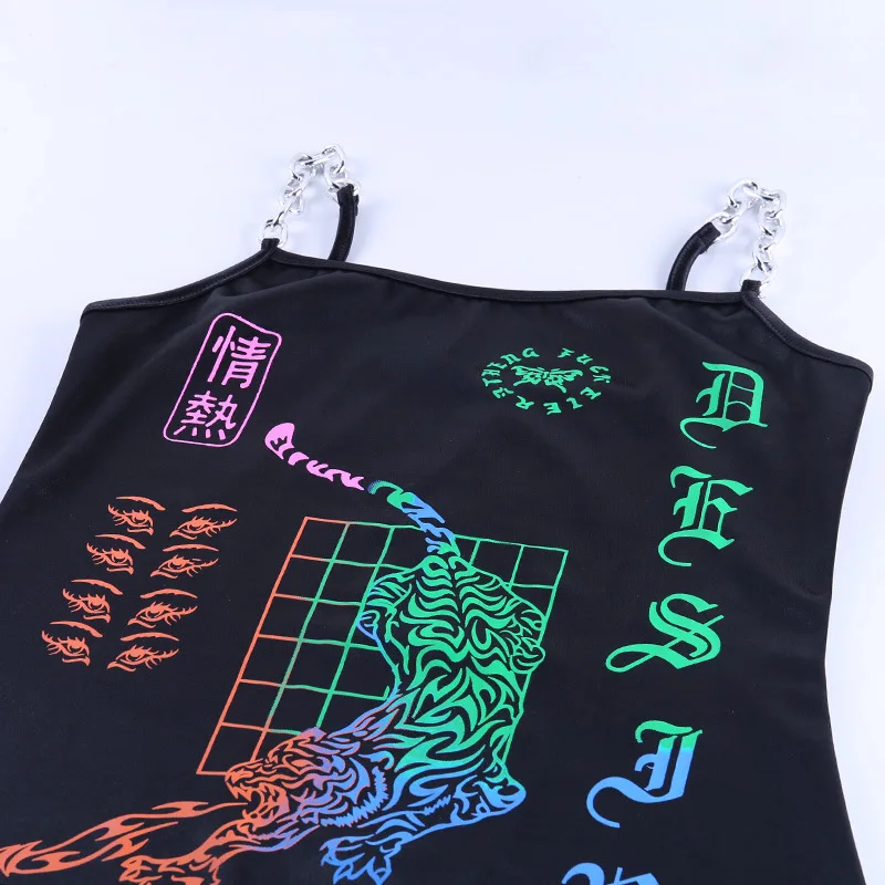 

Black Goth Woman Chains Strap Dress Basic Rock Sexy Dresses Print Gothic Tight Fashion Bodycon Backless Hip-pop Punk 2020 Lady