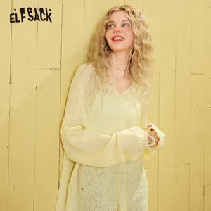 Женский Однотонный свитер ELFSACK, Черный Повседневный вязаный пуловер с длинными рукавами в Корейском стиле, весна 2020