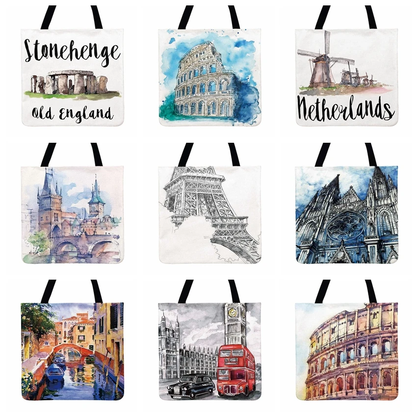 

Ladies Shoulder Bag Watercolor Places Paintings Print Tote Bag For Women Casual Tote Linen Febric Shopping Bag Outdoor Beach Bag