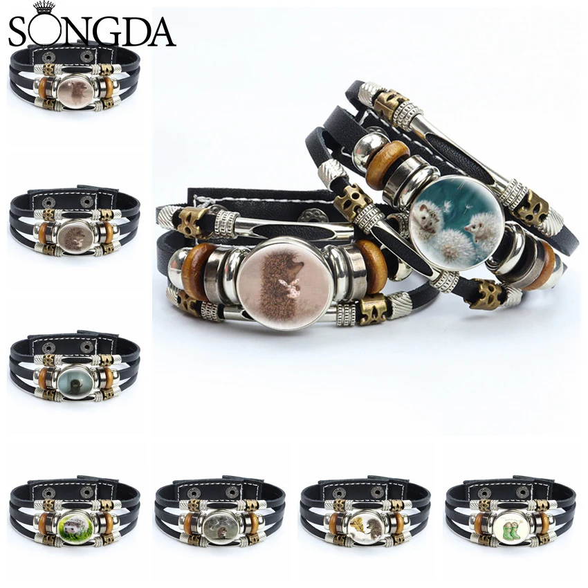 

Hedgehog In The Fog Leather Bracelet on Hand Cartoon Pattern Glass Dome Handmade Braided Multilayer Bracelets Men Bangle Jewelry