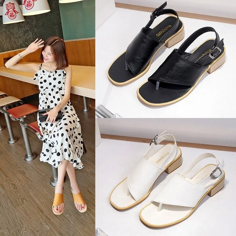 

2020 women's summer new casual wear-resistant comfortable heel clip toe strap sandals trend breathable wild square root T-shoes