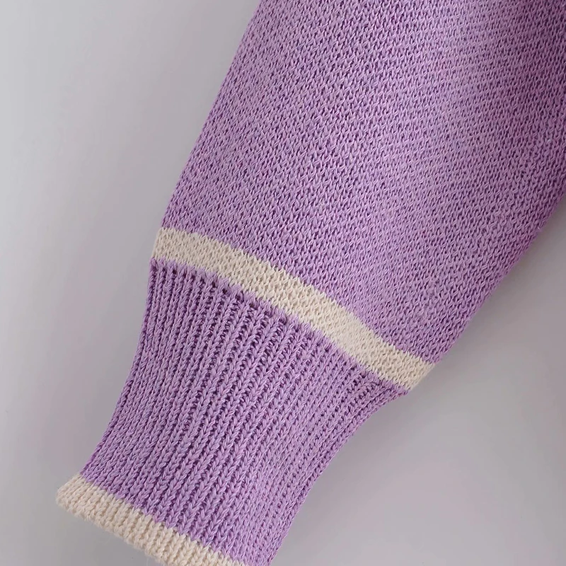 

PXALL Za Autumn Purple Knitted Sweater Cardigan With White Lines And Contrast Pockets College Style Fashion All-match Loose Coat