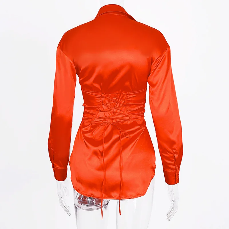 

Sexy Wrap Shirt Dress Women Orange Casual Bandage Lace Up Party t shirt Dresses Long Sleeve Mini Club Office Work vestidos