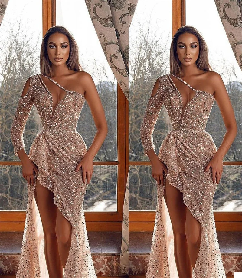 

Champagne Evening Dresses One Shoulder Sexy Side Split Sequins Beads Prom Wear Party Pageant Gowns Customize Robe De Mariée