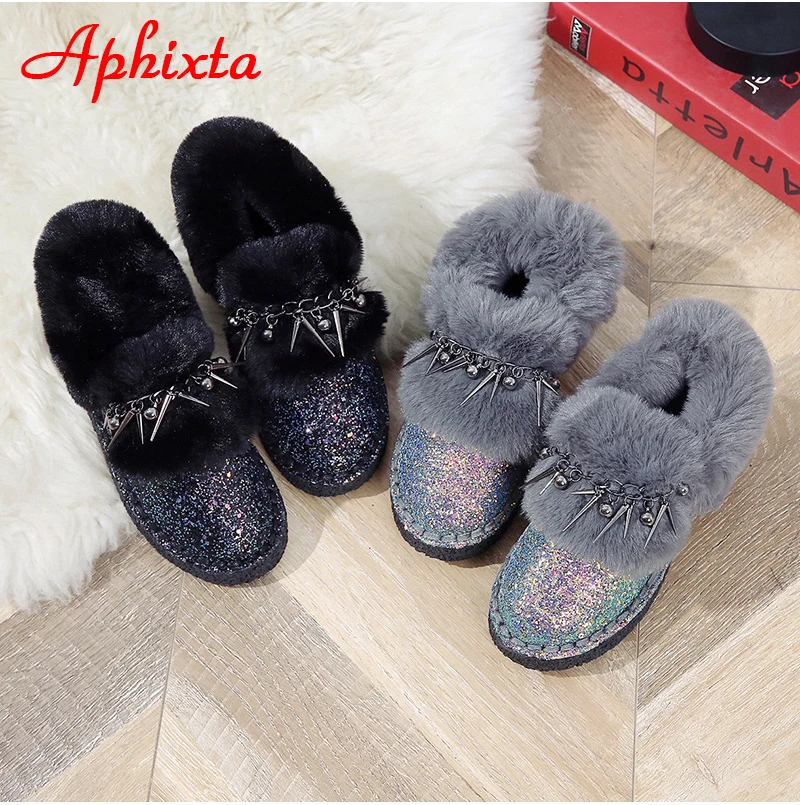 Сапоги aphixta; женские зимние ботильоны на плоской подошве; теплая женская обувь на платформе; женские меховые сапоги с круглым носком и металлической бахромой; Botas Mujer