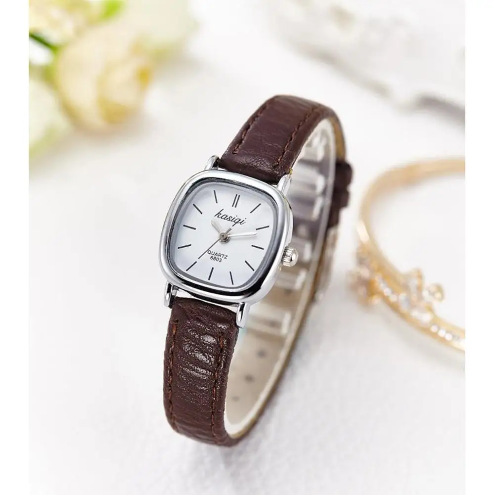 Женская мода маленький циферблат кварцевые часы кожаный ремешок наручные
