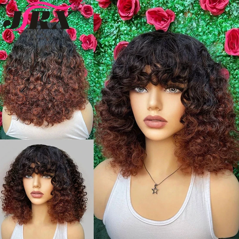 Loose Wave Glueless Human Hair Wigs With Bangs Ombre Rose Blonde Colored Short Curly Full Machine Made Human Hair Wigs For Women