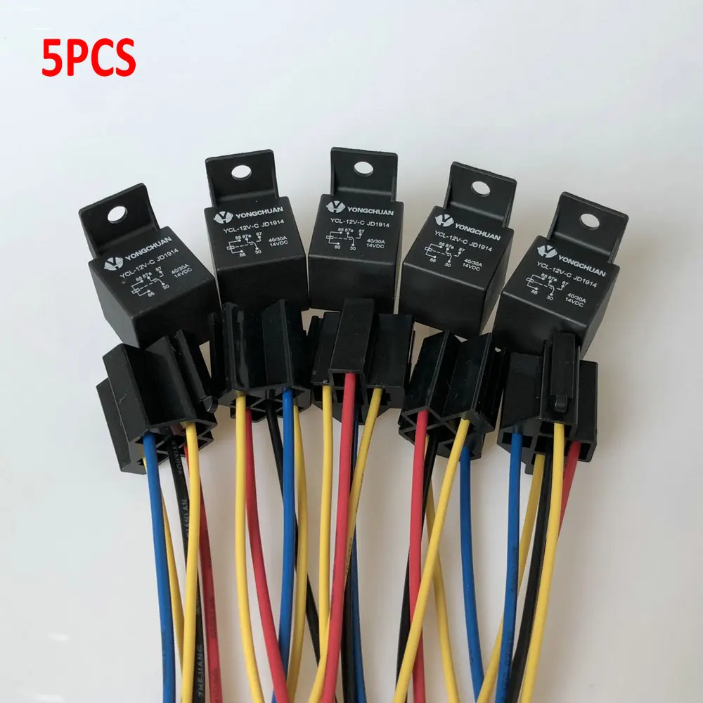 

5Pcs 12V 40 Amp Large Capacity Car SPDT Automotive Relay DC 5 Pin 5 Wires W/ Harness Socket for Car Anti-theft Devices
