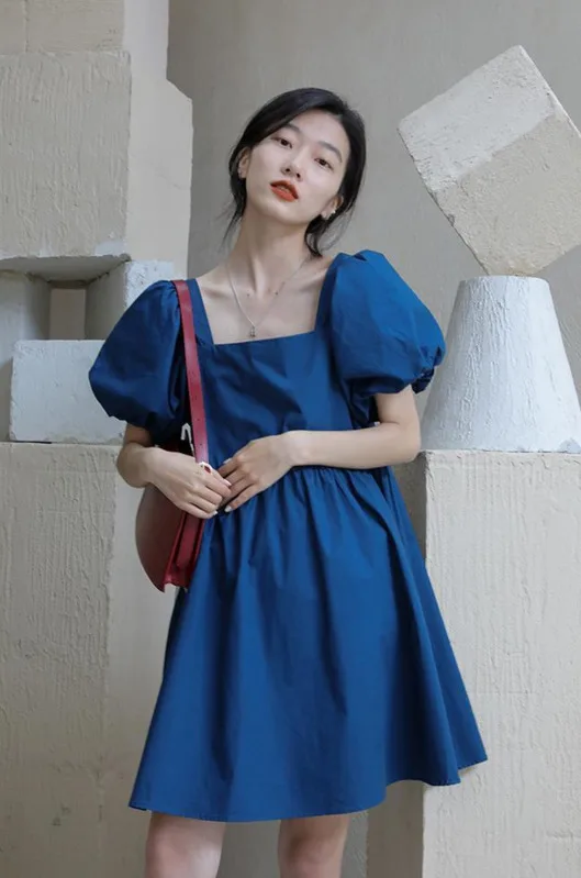 

Bubble Sleeve Skirt Women's Summer New Style Square Neck Loose Temperament Short Slim Harajuku Vintage Mini Dress