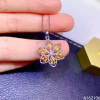 fine jewelry 925 pure silver inlaid natural yellow sapphire girl luxury popular flower chinese style gem pendant necklace suppor