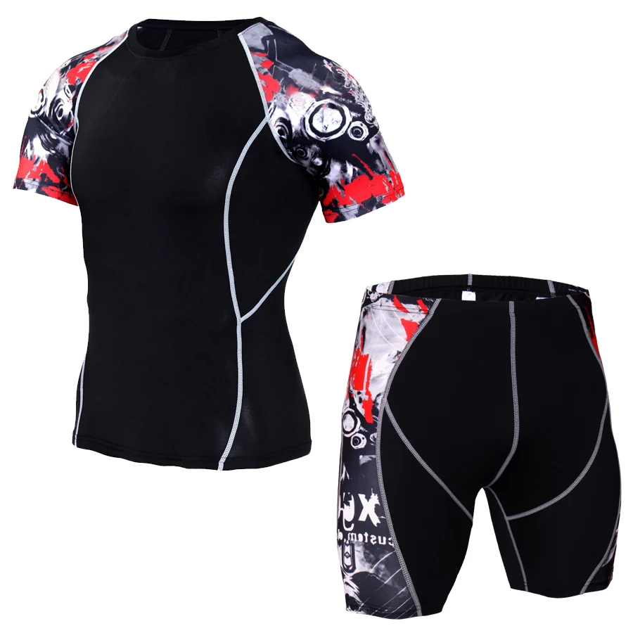 

male jogging suit Compact clothes sportswear thermal underwear suit mma rash guard male Short sleeve pants leggings shorts