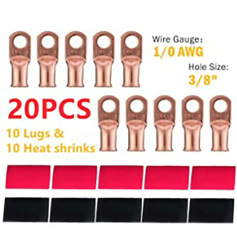 

20PCS 1/0 AWG x 3/8 Copper Wire Lugs Battery Terminal Connectors Bare Cable Crimp Connectors for Car Auto Machine
