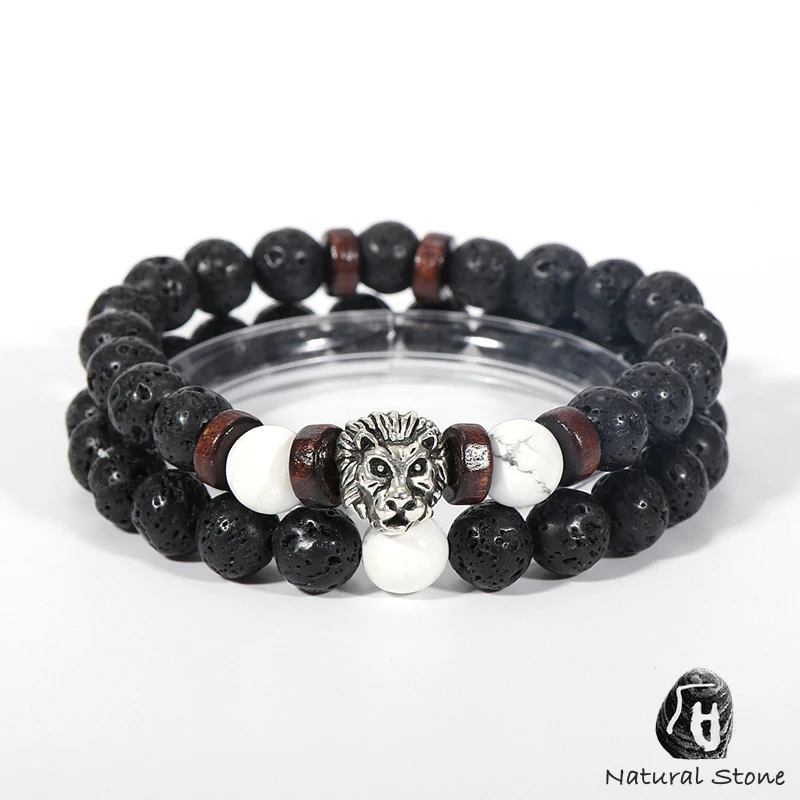 Мужской браслет из натурального камня лица тигровый глаз и лавовый камень