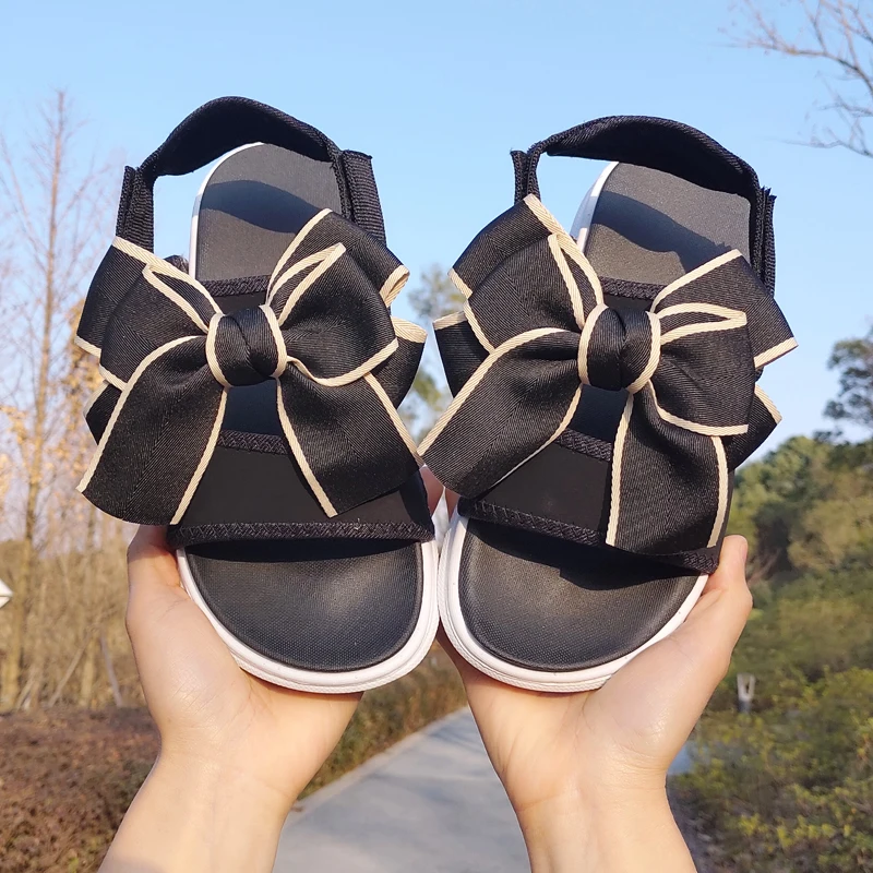 

Beach Sandal Woman Luxury Shoes Large Size Suit Female Beige 2021 Summer Anti-Skid Big New Comfort Black Flat Fashion Bow Girls