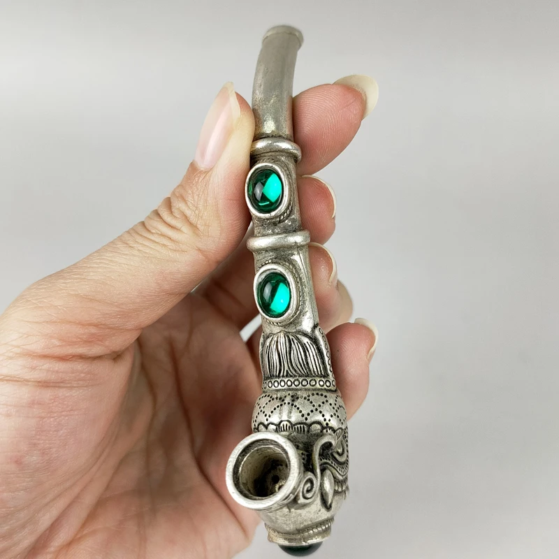 Изысканная китайская старая антиквариатная трубка ручной работы с белым медным