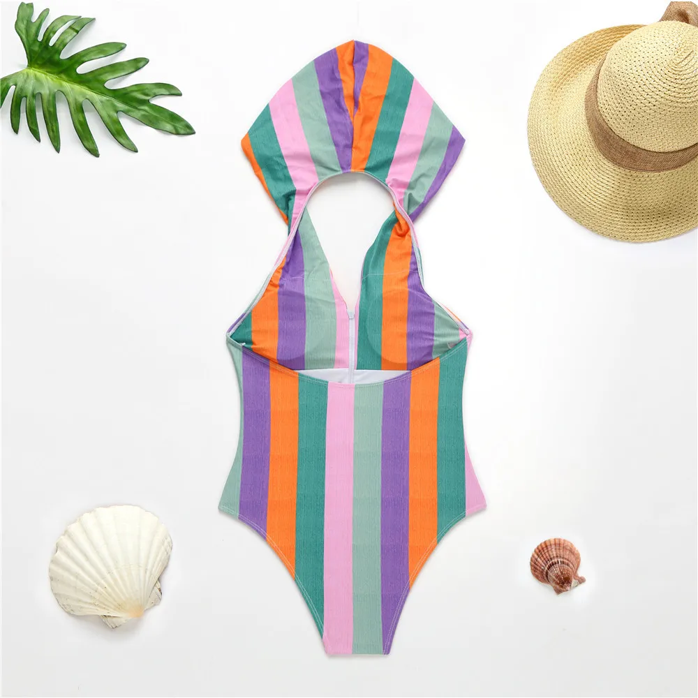Сексуальный женский полосатый слитный купальник с шапкой принтом монокини на
