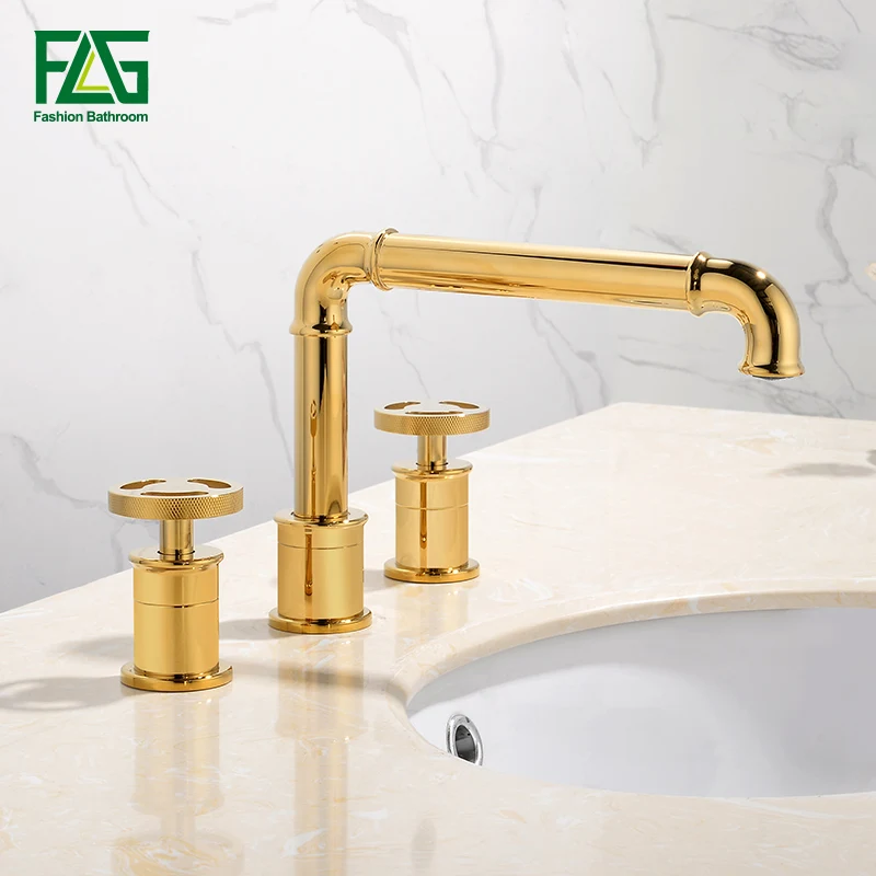 FLG Retro Style Basin Faucet Gold Plated 3 Hole Bathroom Sink Faucets Deck Mounted Cold Hot Water Mixer Tap 1156-55G | Обустройство