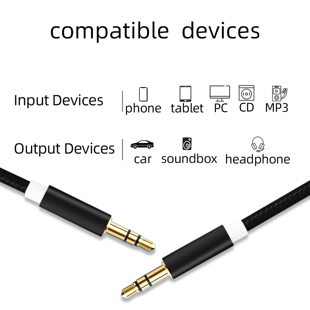 Nylon Jack Audio Cable 3.5 mm to 3.5mm Aux Cable 2m 3m Male to Male Kabel Gold Plug Car Aux Cord for Phone