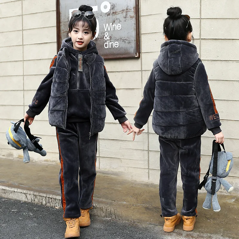 Зимний бархатный плотный теплый комплект одежды для девочек жилет куртка