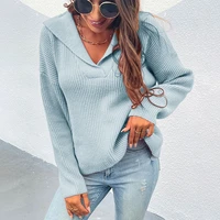 fashion women sweater autumn casual hot sale v neck pullover solid color loose large size knitted long sleeved sweater