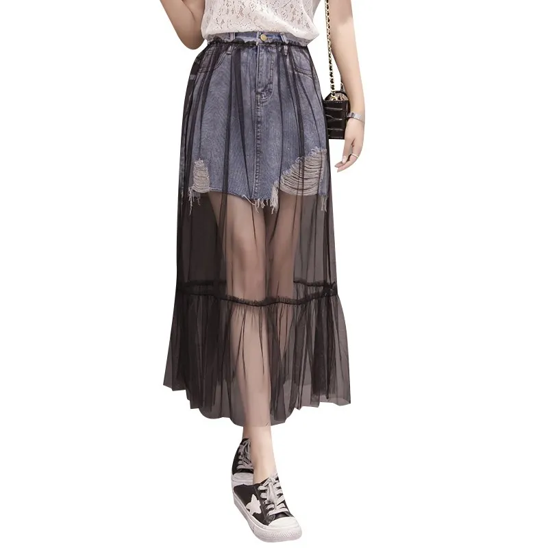 

Plus Size Jeans Skirt Women Denim Long Mesh Stitching High Waist 2021 Summer Trend Korean Fashion Elegant Ladies Casual Clothes