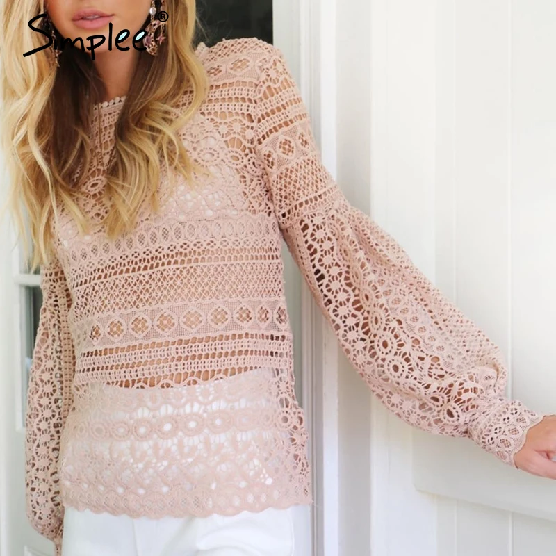 Женская белая кружевная блузка Simplee женские повседневные розовые ажурные топы с