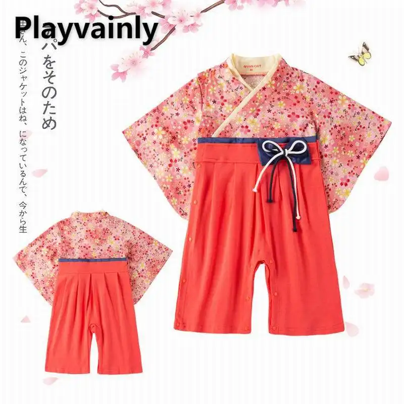 

Baby Girl Romper 2021 New red Floral Bow kimono Long Sleeve Cotton Romper Toddler Clothing E12513