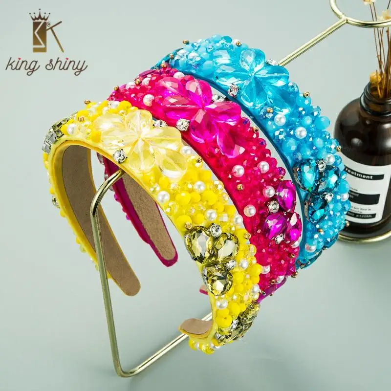 

2021 Exquisite Baroque Colorful Crystal Flower Headband Elegant Simulated Pearl Beaded Solid Color Hairband Girls Party Headwear