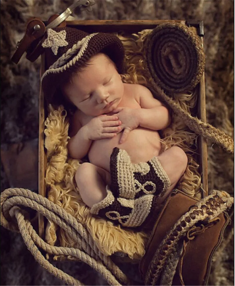 

Ковбойские костюмы, детская одежда для фотосъемки, ручная вязка, шапка для новорожденных, туфли, шерстяной вязаный комплект для стрельбы, на...