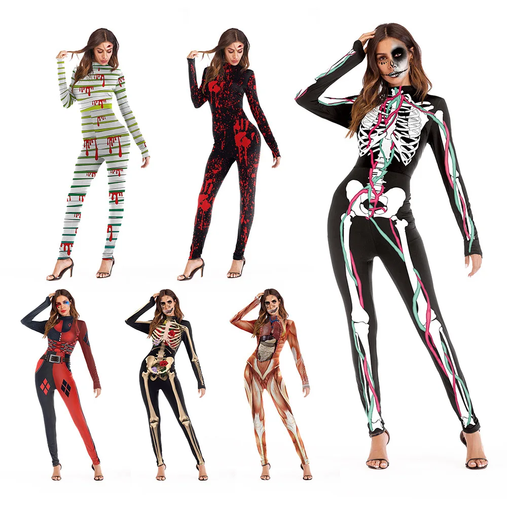 

Scary Halloween Costumes For Women Skeleton Jumpsuit Cosplay Festival Costume Slim Elastic Dress Carnival Adult Costume VDB1027