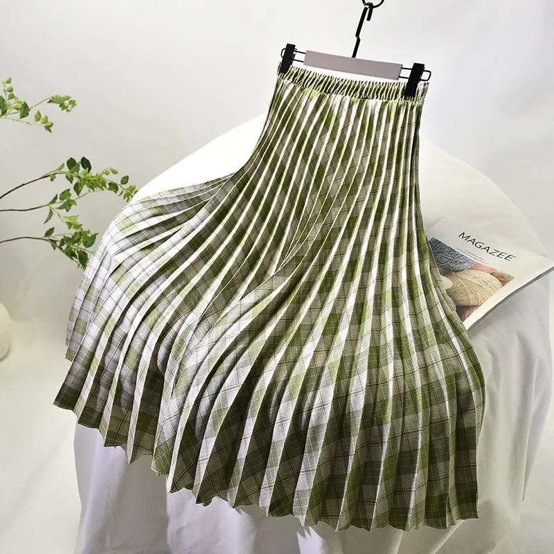 

Jane Deiune 2020 New Women Large Size Plaid Pleated Skirt High Waist Mid Long A-Line Dress Slim Fashion Vestido