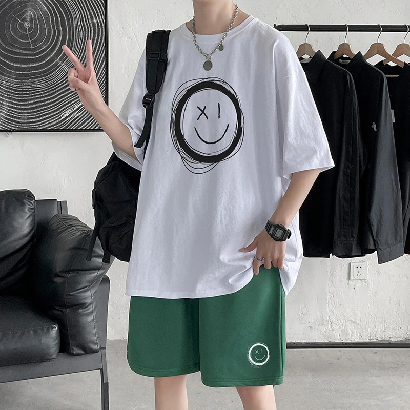 

2021 summer cotton short-sleeved t-shirt men's port-style shorts loose casual Capri Pants