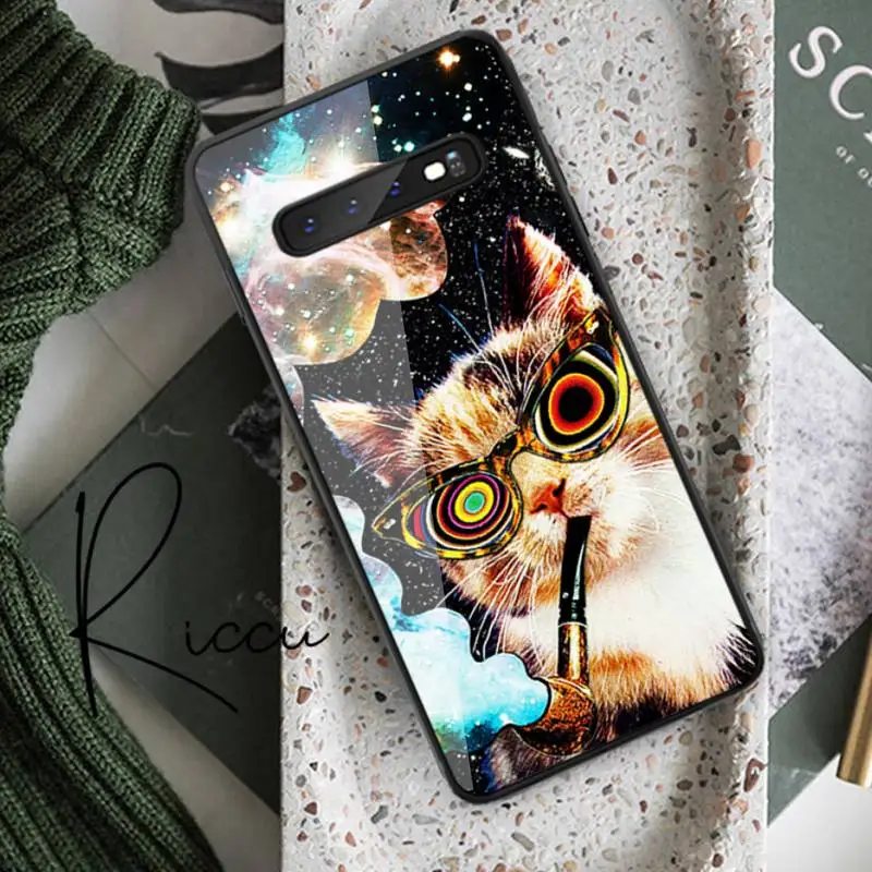 

Riccu Fashion art cute funny Hello cat Phone Case Tempered Glass For Samsung S20 Plus S7 S8 S9 S10E Plus Note 8 9 10 Plus A7
