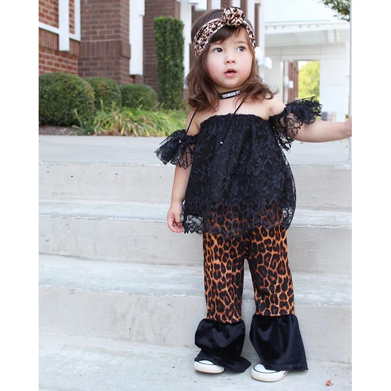 

2020 1-6Y Summer Infant Baby Girl Clothes Fashion New Lace Short Sleeve Off Shoulder T Shirts Tops Leopard Flare Pants