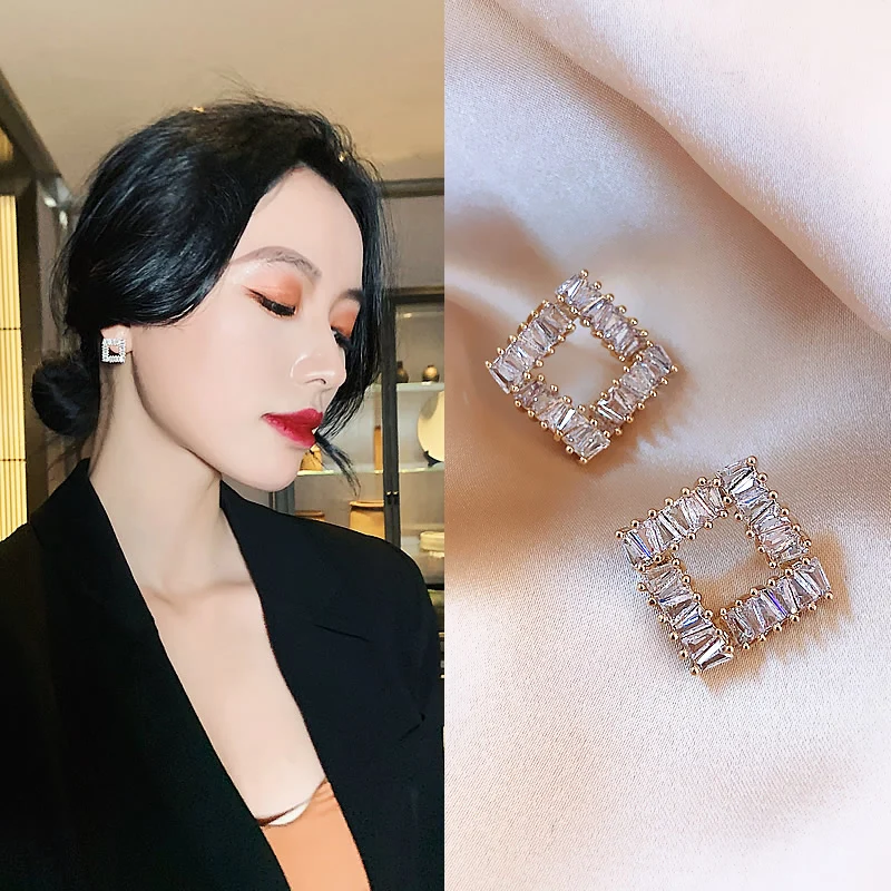 Женские медные инкрустированные серьги из циркона простые маленькие квадратные