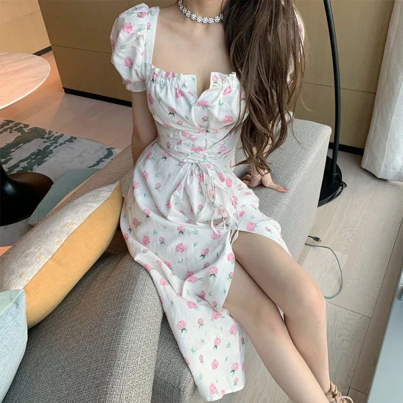 Платье женское летнее с квадратным вырезом тонкое Бандажное платье принцессы