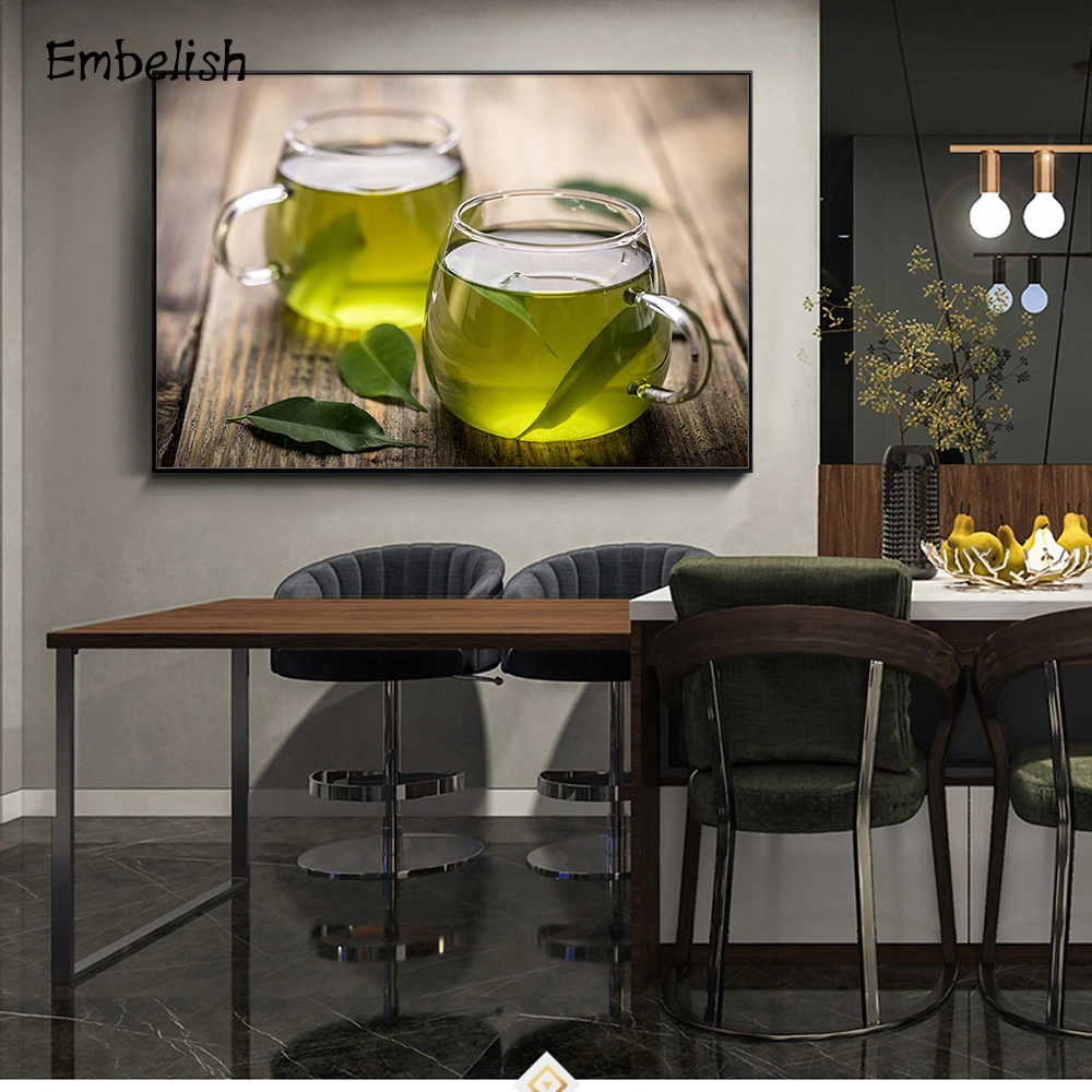 

Embelish 1 Pieces Two Cups Of Green Tea Kitchen Decor Wall Posters For Living Room Modern Home Decor HD Canvas Painting Pictures