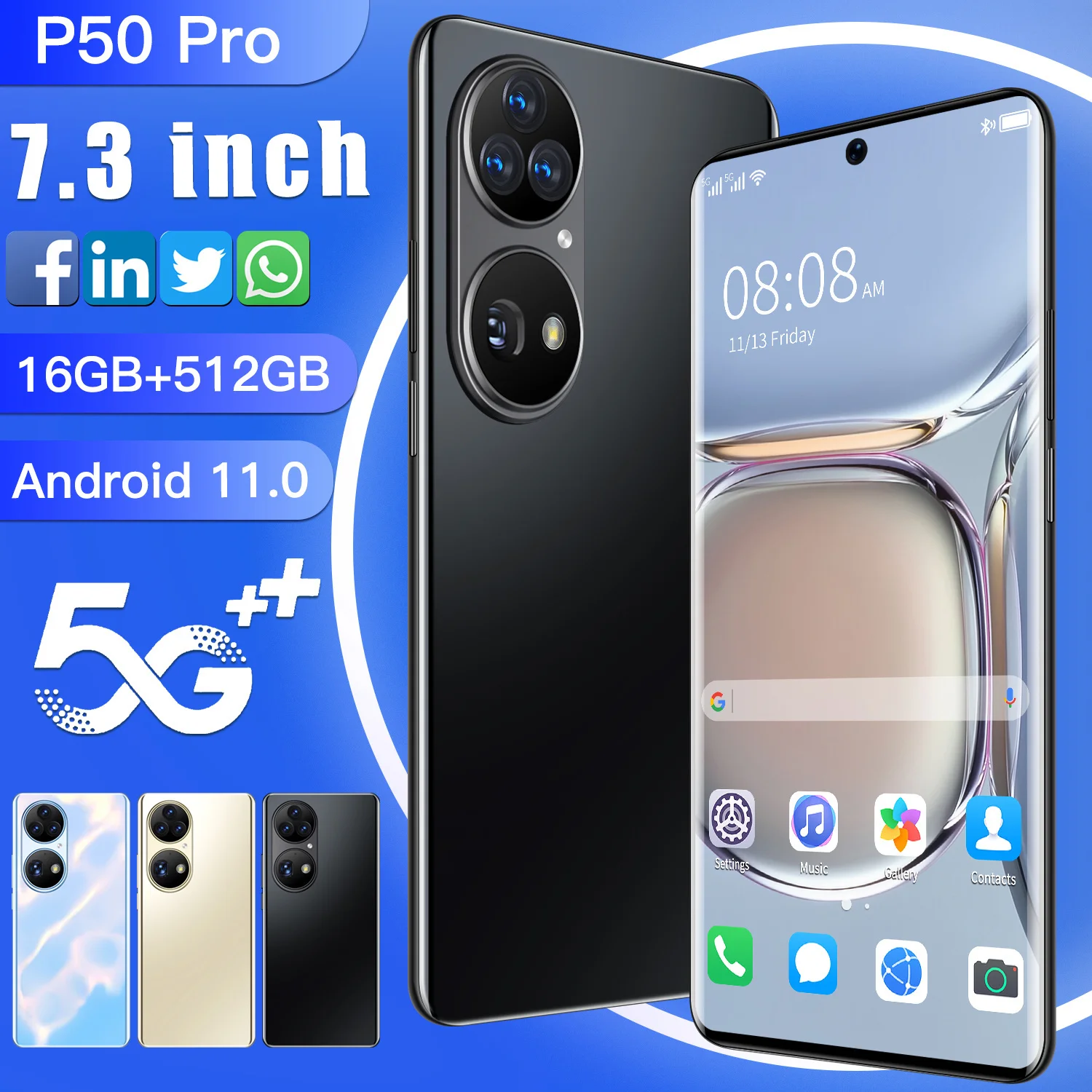 

Factory Sales Huavei Smartphone P50 Pro Global Version 8000mAh 7.3 Inch Screen Snapdragon 888 16G 512G 32MP 64MP Camera Face ID