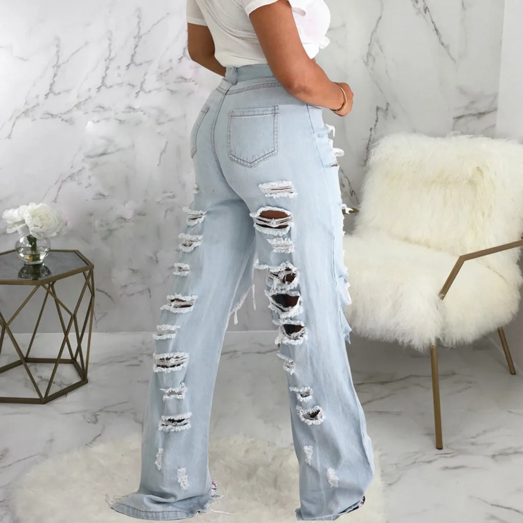 Женские джинсы с высокой талией прямые выбеленные карманами и дырками