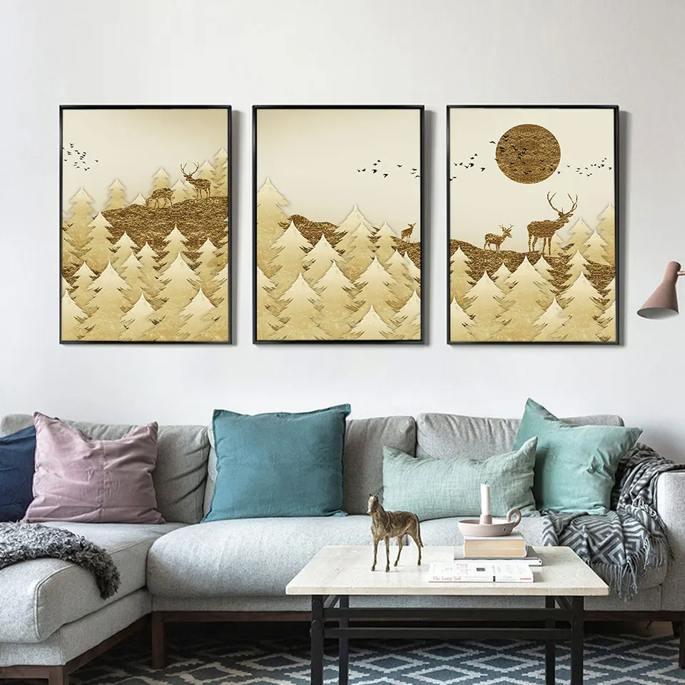 Абстрактная Гора Северный постер Золотая Картина на холсте птица солнце