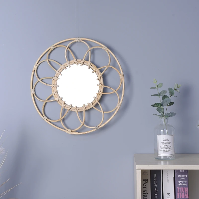 

Rattan Hanging Wall Mirror Innovative Art Decoration Dressing Mirrors for Apartment Living Room Bedroom Bathroom H051