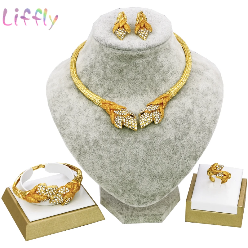 Свадебные Ювелирные наборы для невесты Дубаи Золотые женщин ожерелье серьги