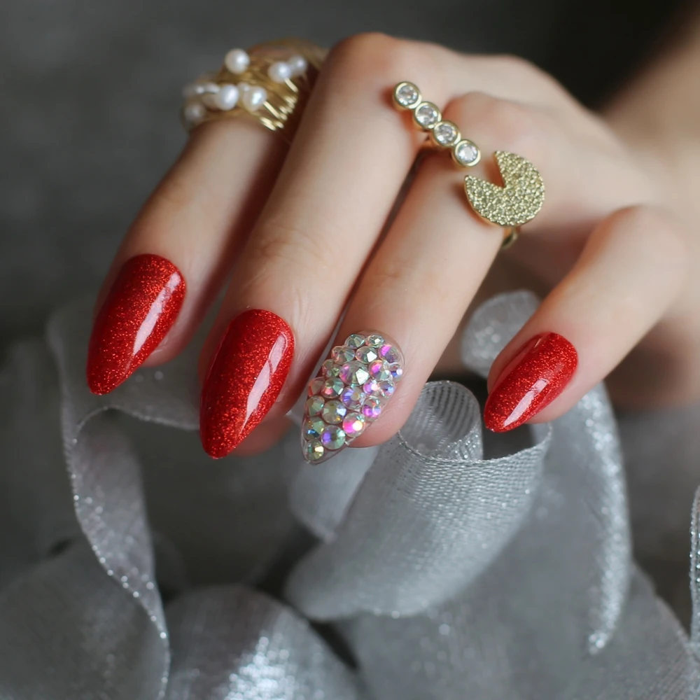 

Laser flash red Fake nails Stiletto UV gold press on false Nails Diamond 24pcs wedding nails Black box