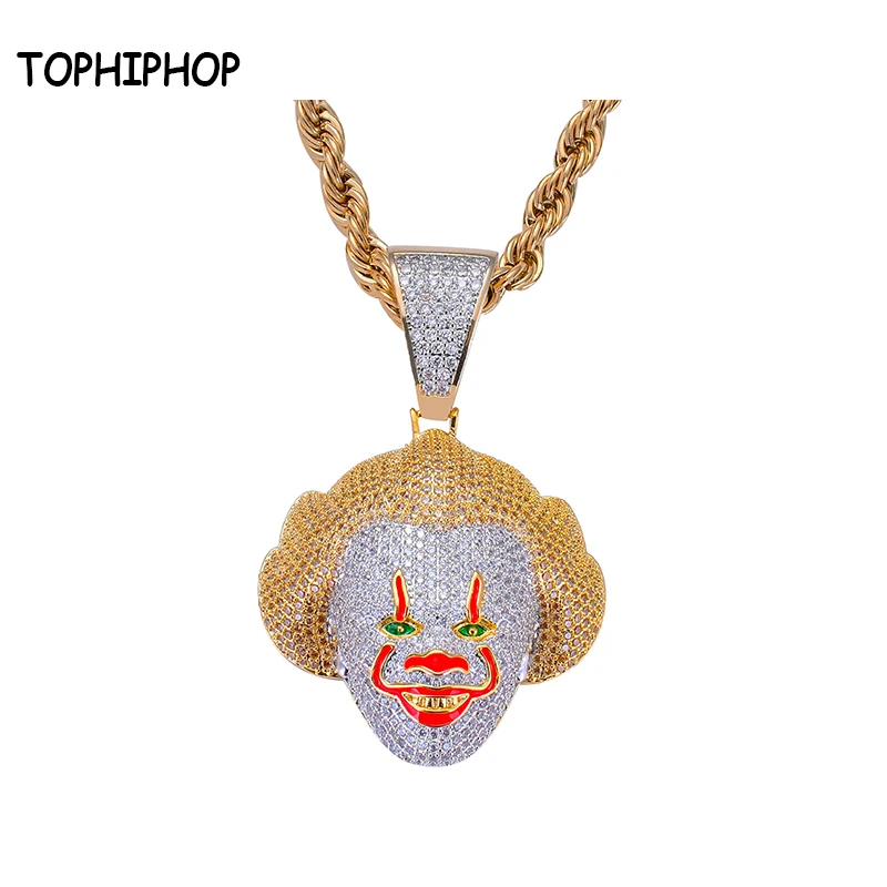 TOPHIPHOP Red Color Clown Pendant Necklace With Tennis Chain Charm Bling Cubic Zircon Men's Hip hop Rock Jewelry | Украшения и
