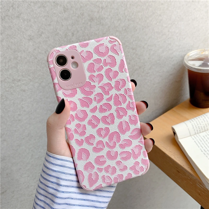 Luxury Pink Leopard Print Phone Case For iPhone 12 Mini 13 Pro 11 Pro XR X XS Max 7 8 Plus Soft Silk Shockproof Back Cover Case
