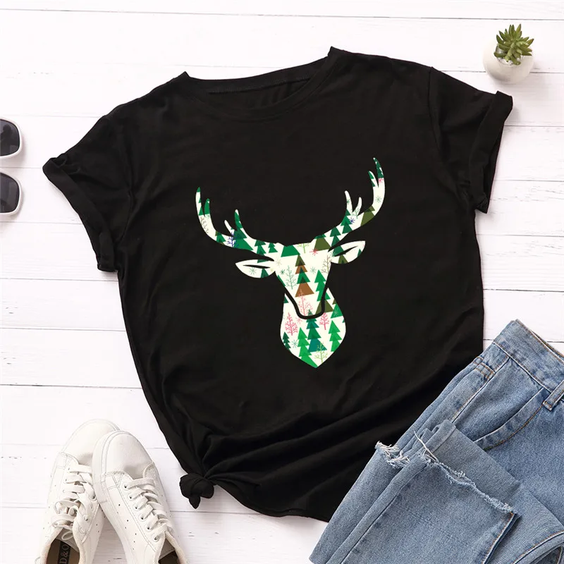 

Plus Size S-5XL Fashion Deer Head Print T Shirt Women 100%Cotton O Neck Short Sleeve Summer T-Shirt Pink Tops Casual TShirt